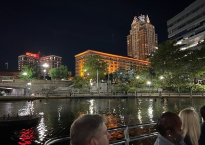 View of the Waterplace Park at night by the Providence River.