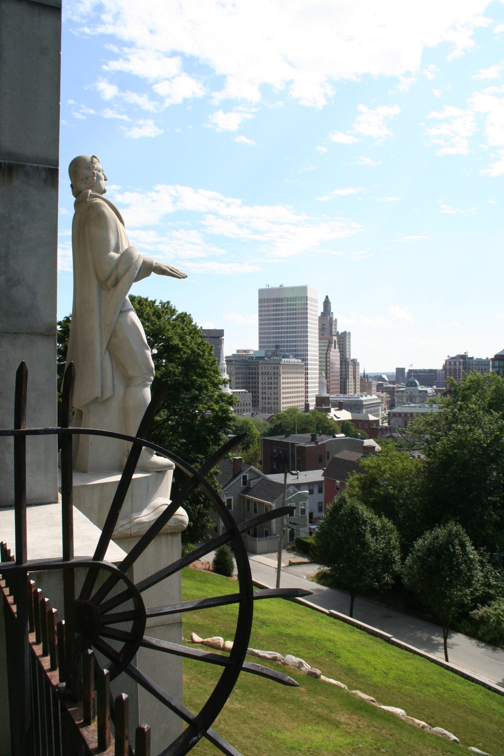 Side view of the White statue of Roger Williams at the Roger Williams Park.