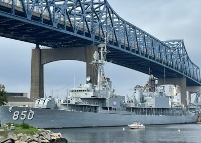 A close up view of the The Braga Bridge in Battleship Cove, Fall River, MA.